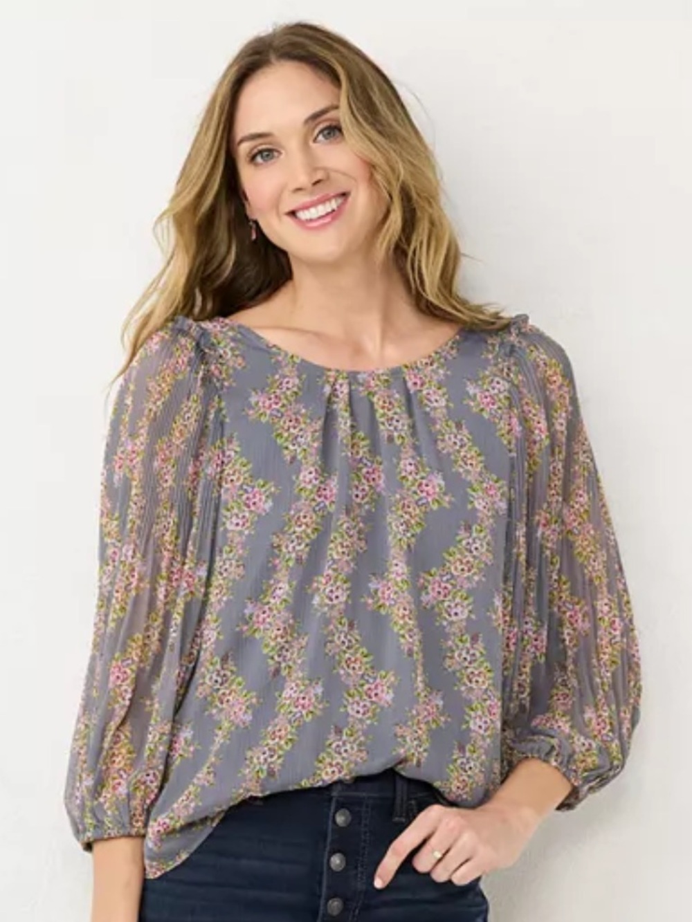LC Lauren Conrad Floral Pleated Sleeve Blouse Gray Pink 1X Plus Size Top